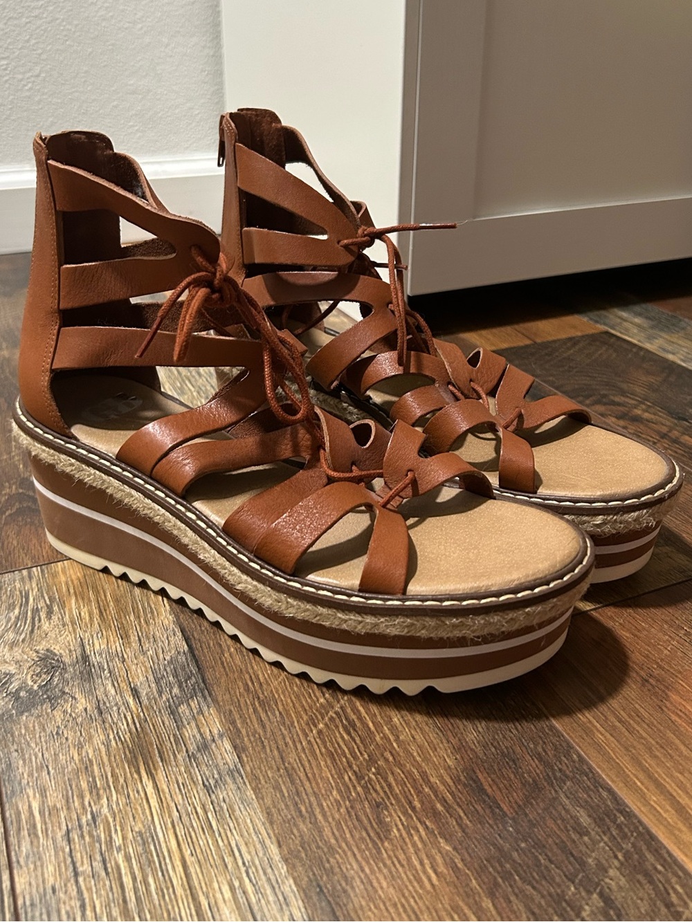 Gianni Bini Tan Brown Lace-Up Gladiator Wedge Sandals